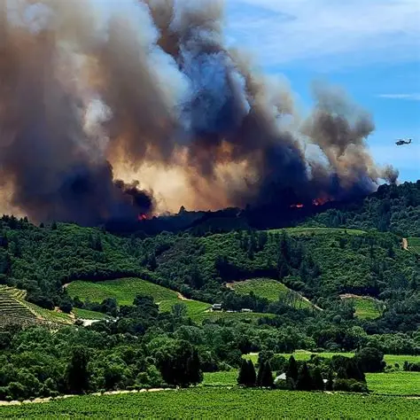 Thick smoke rising over green Napa Valley hills and vineyards as a helicopter circles above